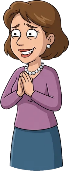La moglie di Pino, in maglione viola e collana di perle, con le mani giunte e un sorriso